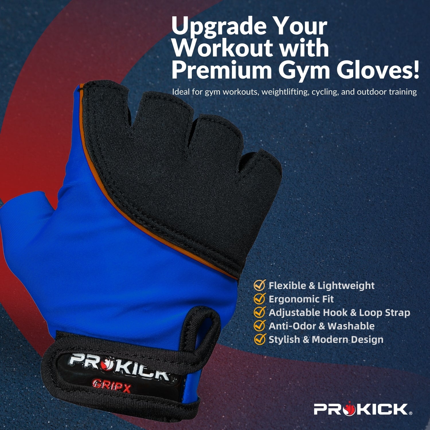 Prokick GYM Gloves GripX | Standard Size | Non-Slip Palm Grip | Wrist Support & Breathable Design for Weightlifting, Fitness & Training - Best Price online Prokicksports.com