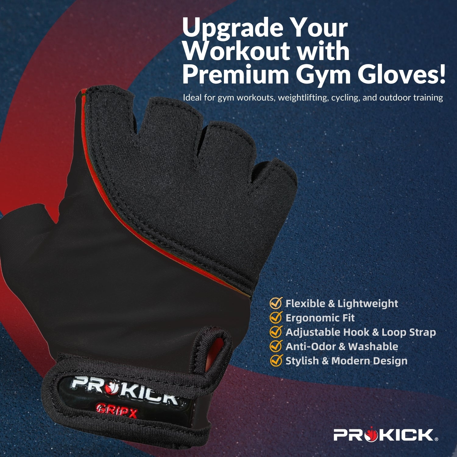 Prokick GYM Gloves GripX | Standard Size | Non-Slip Palm Grip | Wrist Support & Breathable Design for Weightlifting, Fitness & Training - Best Price online Prokicksports.com