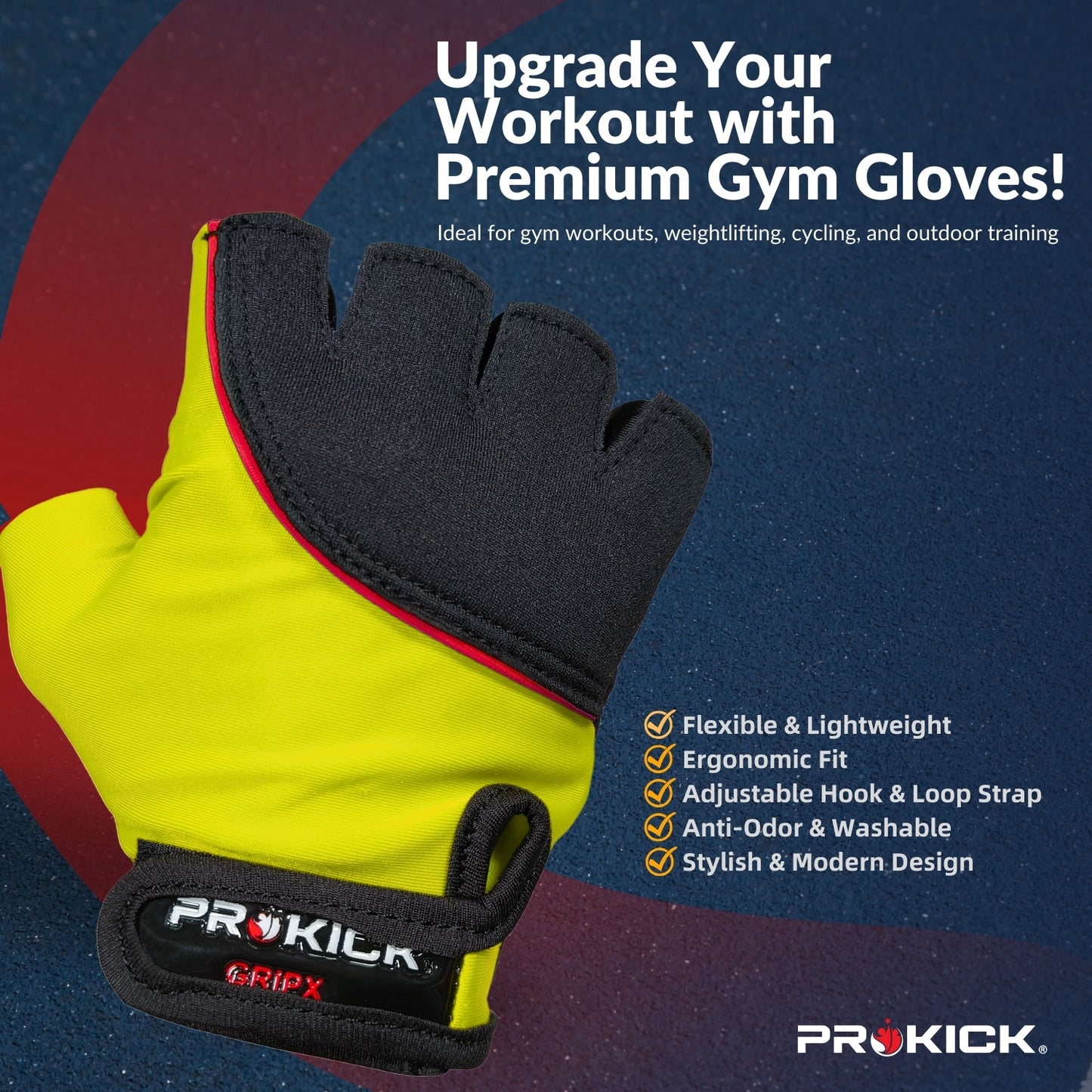 Prokick GYM Gloves GripX | Standard Size | Non-Slip Palm Grip | Wrist Support & Breathable Design for Weightlifting, Fitness & Training - Best Price online Prokicksports.com