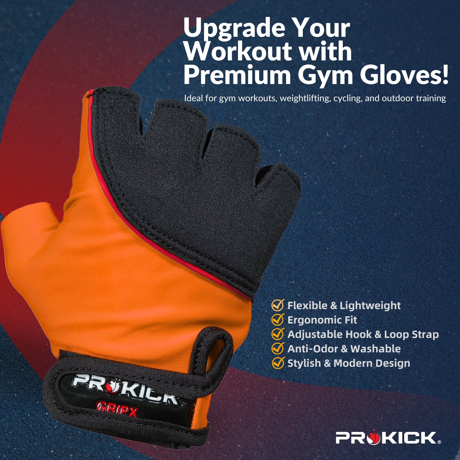 Prokick GYM Gloves GripX | Standard Size | Non-Slip Palm Grip | Wrist Support & Breathable Design for Weightlifting, Fitness & Training - Best Price online Prokicksports.com