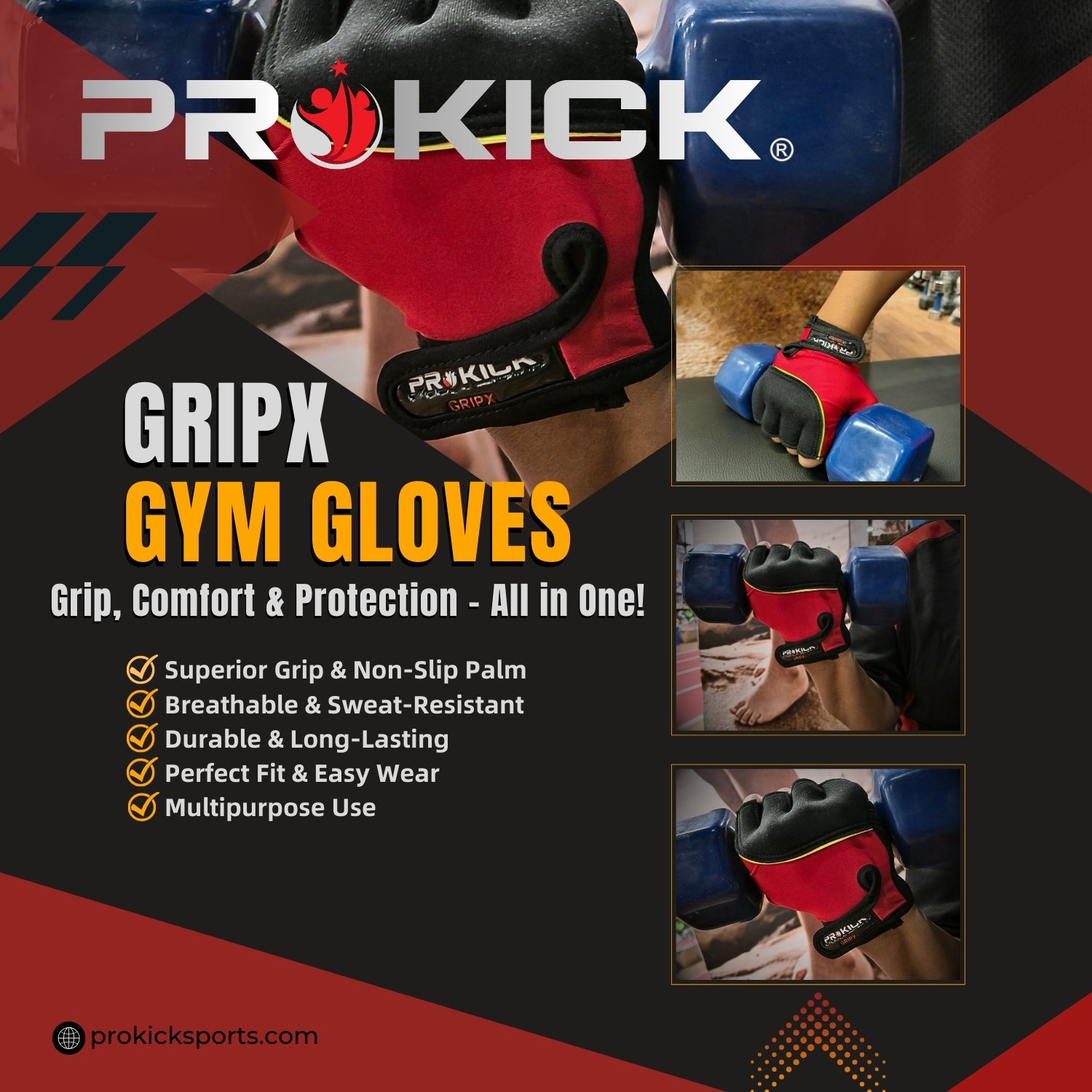 Prokick GYM Gloves GripX | Standard Size | Non-Slip Palm Grip | Wrist Support & Breathable Design for Weightlifting, Fitness & Training - Best Price online Prokicksports.com