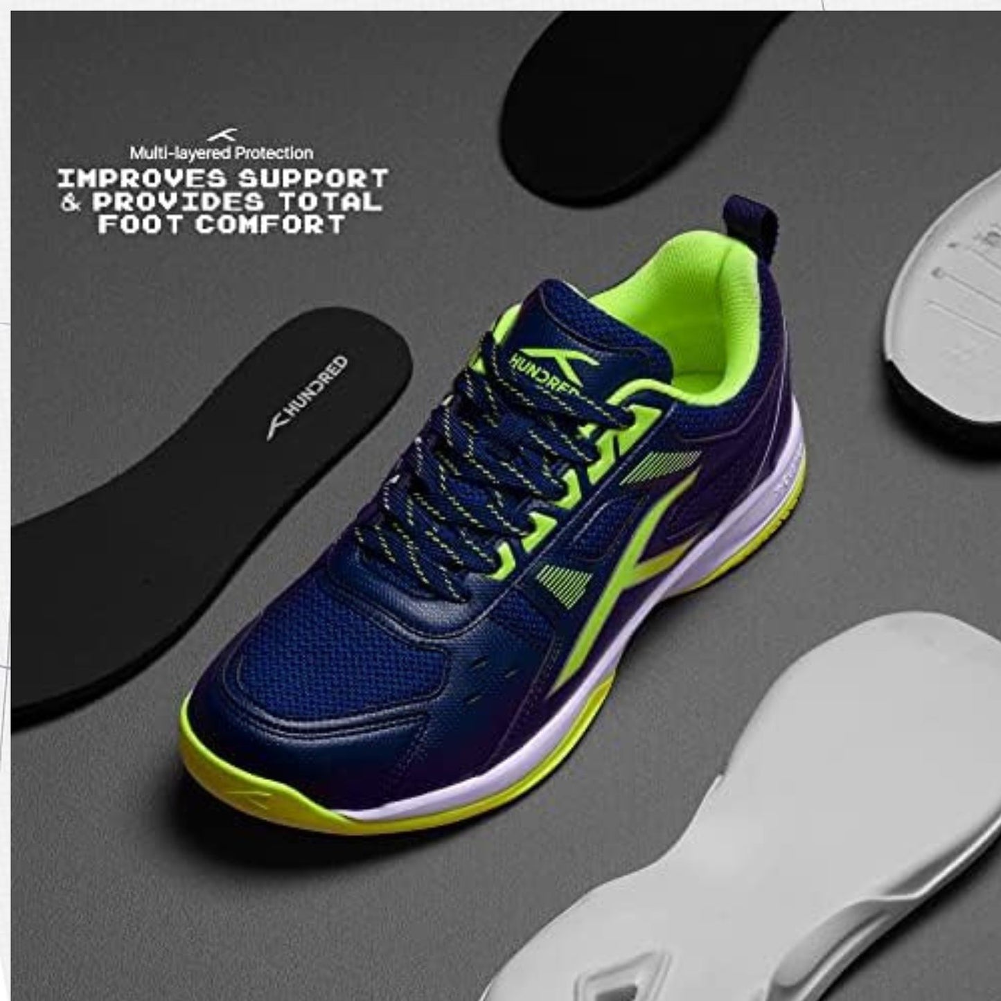 HUNDRED Raze Non-Marking Badminton Shoes | Lightweight Indoor Sports Shoes with X-Cushion, Active Grip Sole & Toe Assist Technology - Best Price online Prokicksports.com