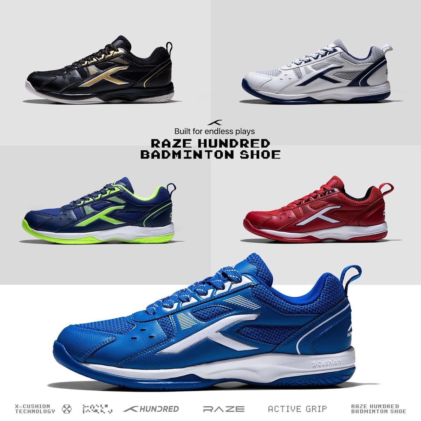 HUNDRED Raze Non-Marking Badminton Shoes | Lightweight Indoor Sports Shoes with X-Cushion, Active Grip Sole & Toe Assist Technology - Best Price online Prokicksports.com