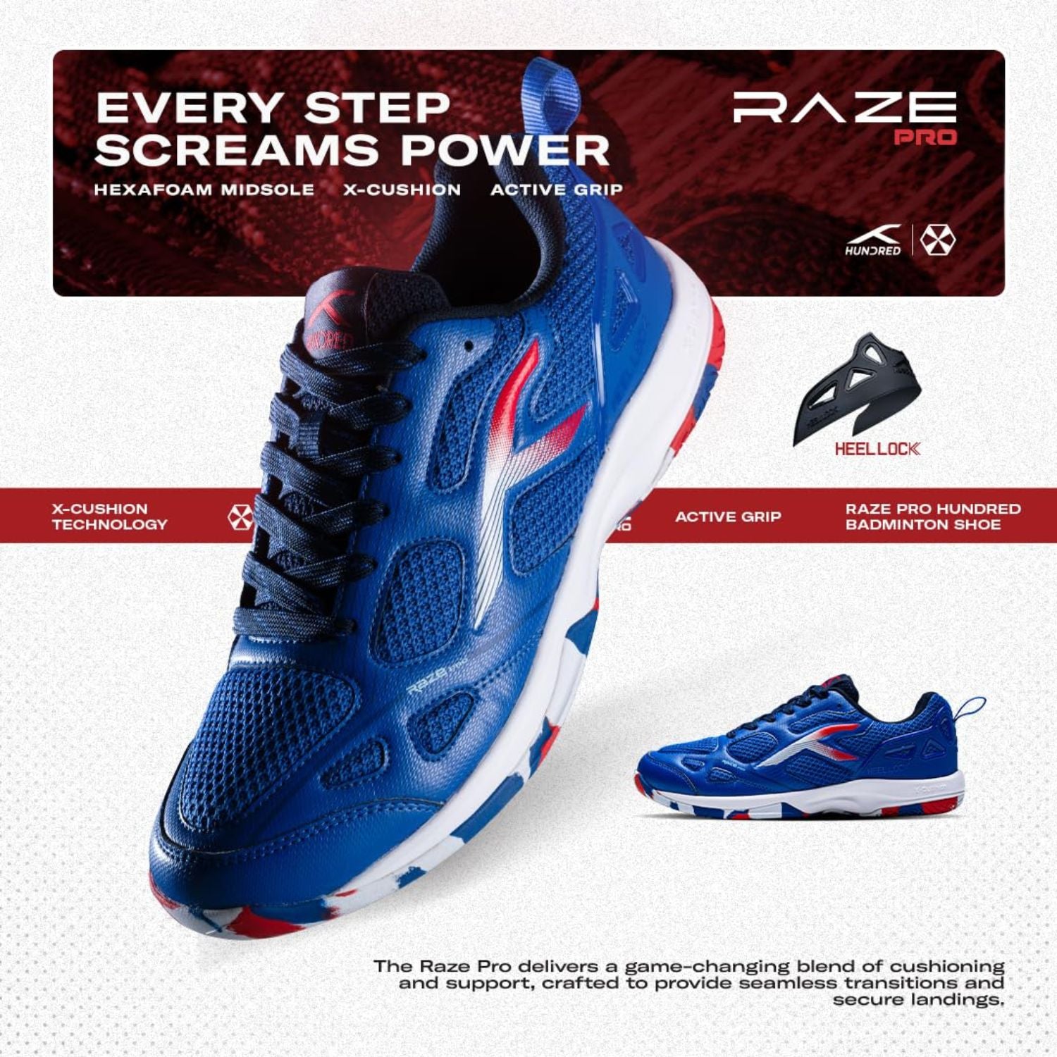 Hundred Raze Pro Non-Marking Badminton Shoes | Lightweight Indoor Sports Shoes with X-Cushion, Active Grip Sole & Heel Lock - Best Price online Prokicksports.com