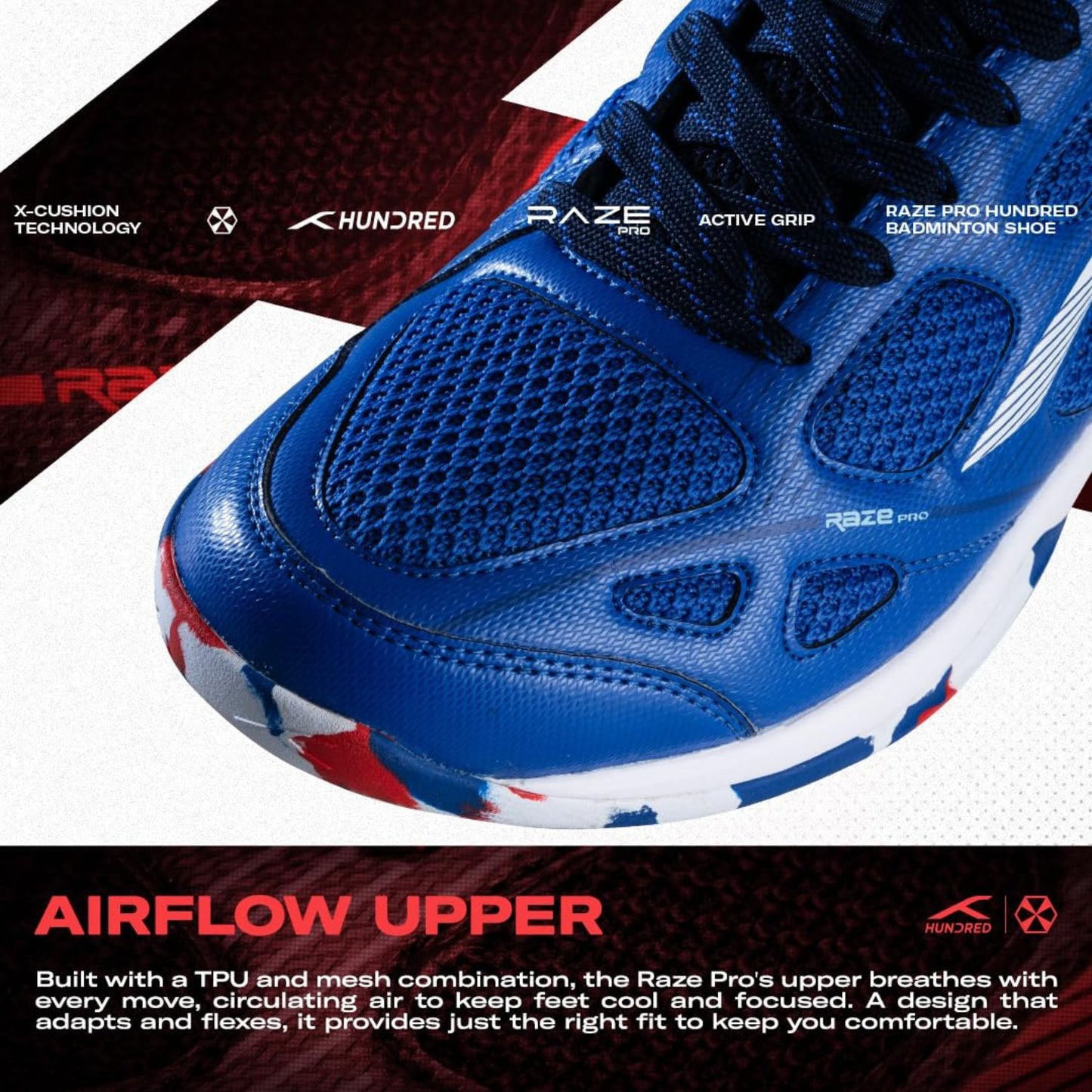 Hundred Raze Pro Non-Marking Badminton Shoes | Lightweight Indoor Sports Shoes with X-Cushion, Active Grip Sole & Heel Lock - Best Price online Prokicksports.com
