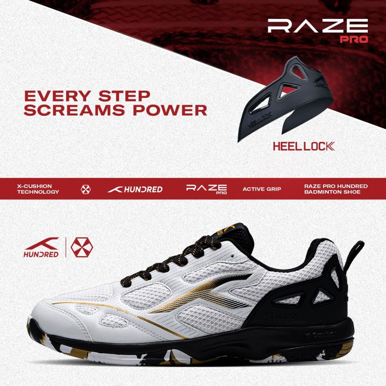Hundred Raze Pro Non-Marking Badminton Shoes | Lightweight Indoor Sports Shoes with X-Cushion, Active Grip Sole & Heel Lock - Best Price online Prokicksports.com