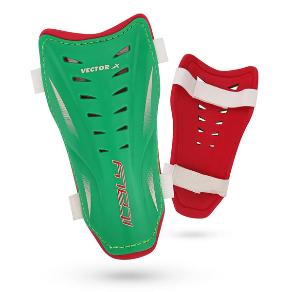 Vector X Italy Shin Pad for Football with Lightweight Hard Shell, Cushioned Foam Lining, Adjustable Straps, Ergonomic Fit – Ideal for Match & Training