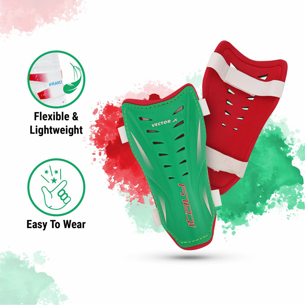 Vector X Italy Shin Pad for Football with Lightweight Hard Shell, Cushioned Foam Lining, Adjustable Straps, Ergonomic Fit – Ideal for Match & Training - Best Price online Prokicksports.com