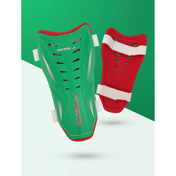 Vector X Italy Shin Pad for Football with Lightweight Hard Shell, Cushioned Foam Lining, Adjustable Straps, Ergonomic Fit – Ideal for Match & Training