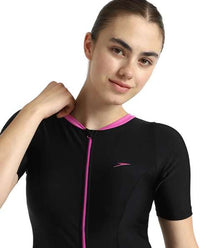 Speedo Women's Short Sleeve Closedback Swimdress with Boyleg (Black/P Lemonade)