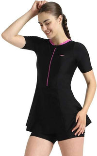 Speedo Women's Short Sleeve Closedback Swimdress with Boyleg (Black/P Lemonade)