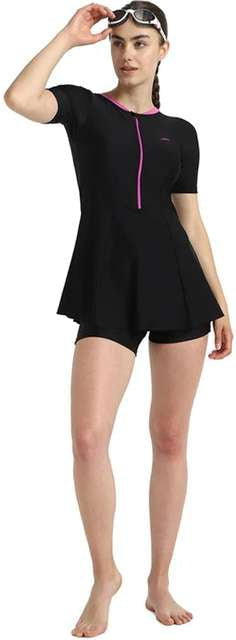 Speedo Women's Short Sleeve Closedback Swimdress with Boyleg (Black/P Lemonade)