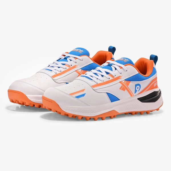 Dnine Blaster 1 Rubber Studs Cricket Shoes | Sun Orange/Diva Blue/White | Lightweight & Durable Cricket Footwear