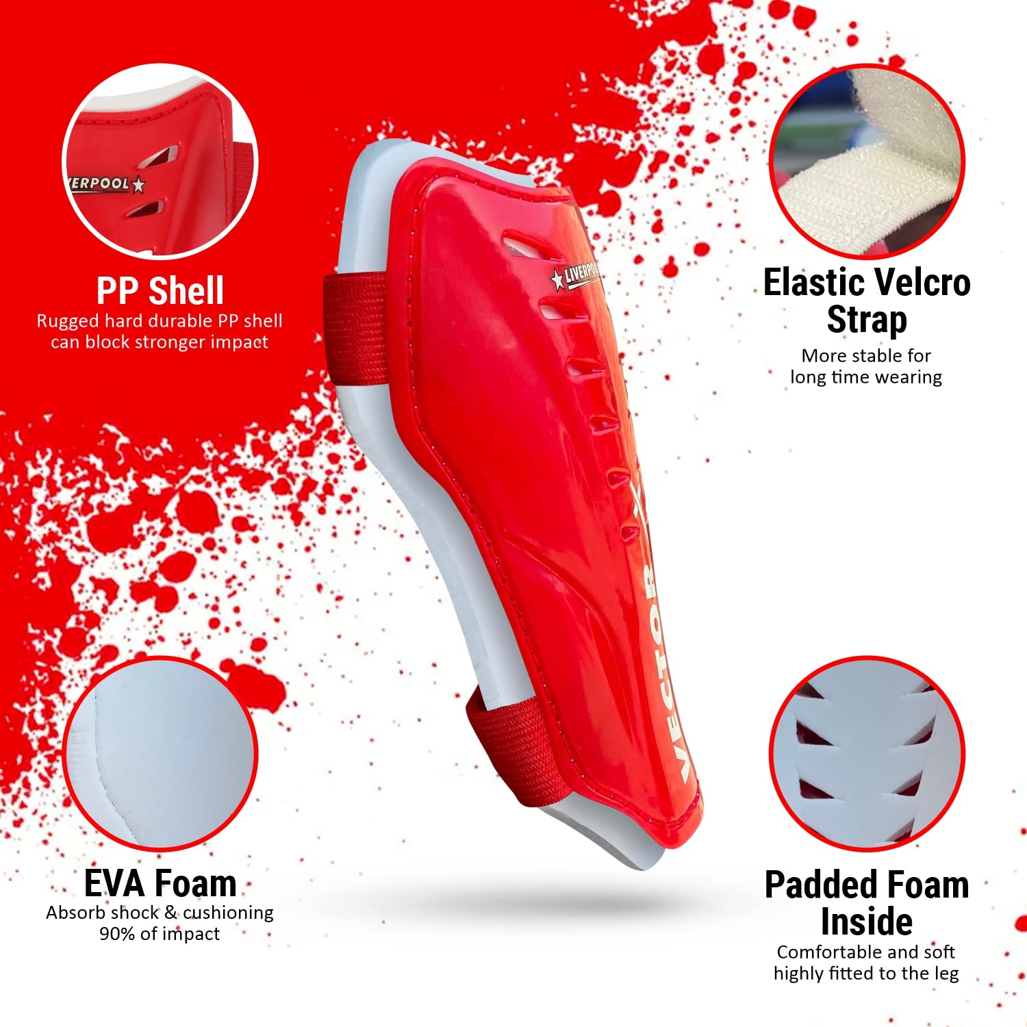Vector X Liverpool Shin Pad for Football with Hard Outer Shell, Soft Foam Backing, Adjustable Straps and Lightweight Ergonomic Fit for All Players - Best Price online Prokicksports.com