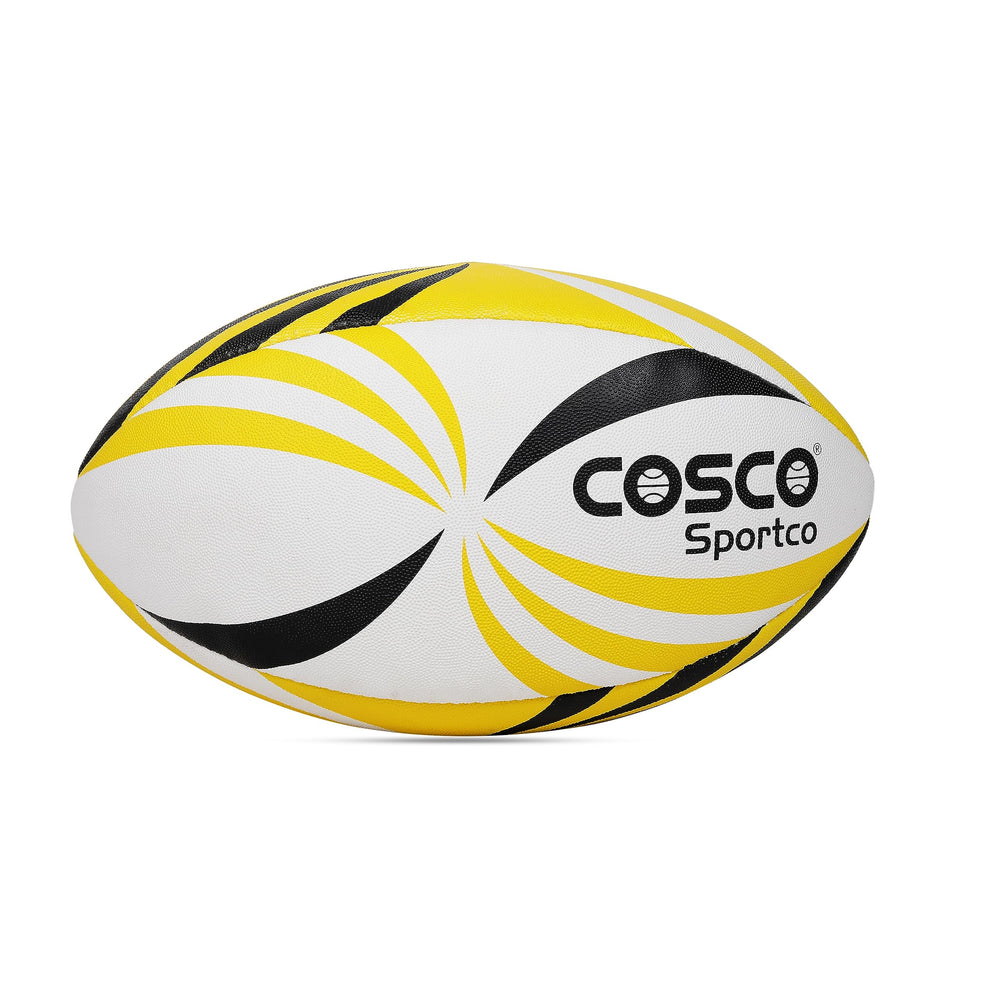 Cosco Synthetic Rugby Ball (Size 5, Yellow/White/Black) – Hand-Stitched Synthetic Rubber Rugby Ball with Latex Bladder