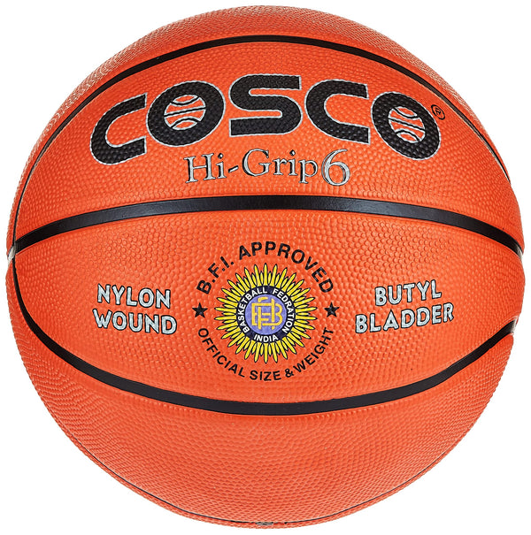 Cosco Hi-Grip Rubber Basketball (Size 6, Multicolour) – Nylon-Wound Moulded Basketball with Butyl Bladder