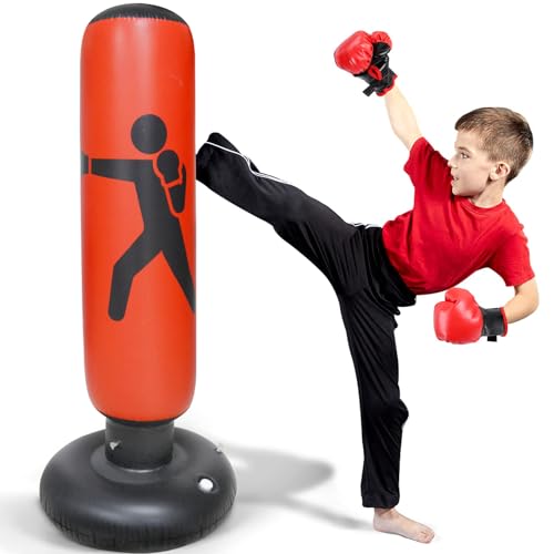Invincible Inflatable Free Standing Punching Bag (Black & Red, 750g) – Kids Martial Arts & Boxing Training Bag with Base & Air Pump
