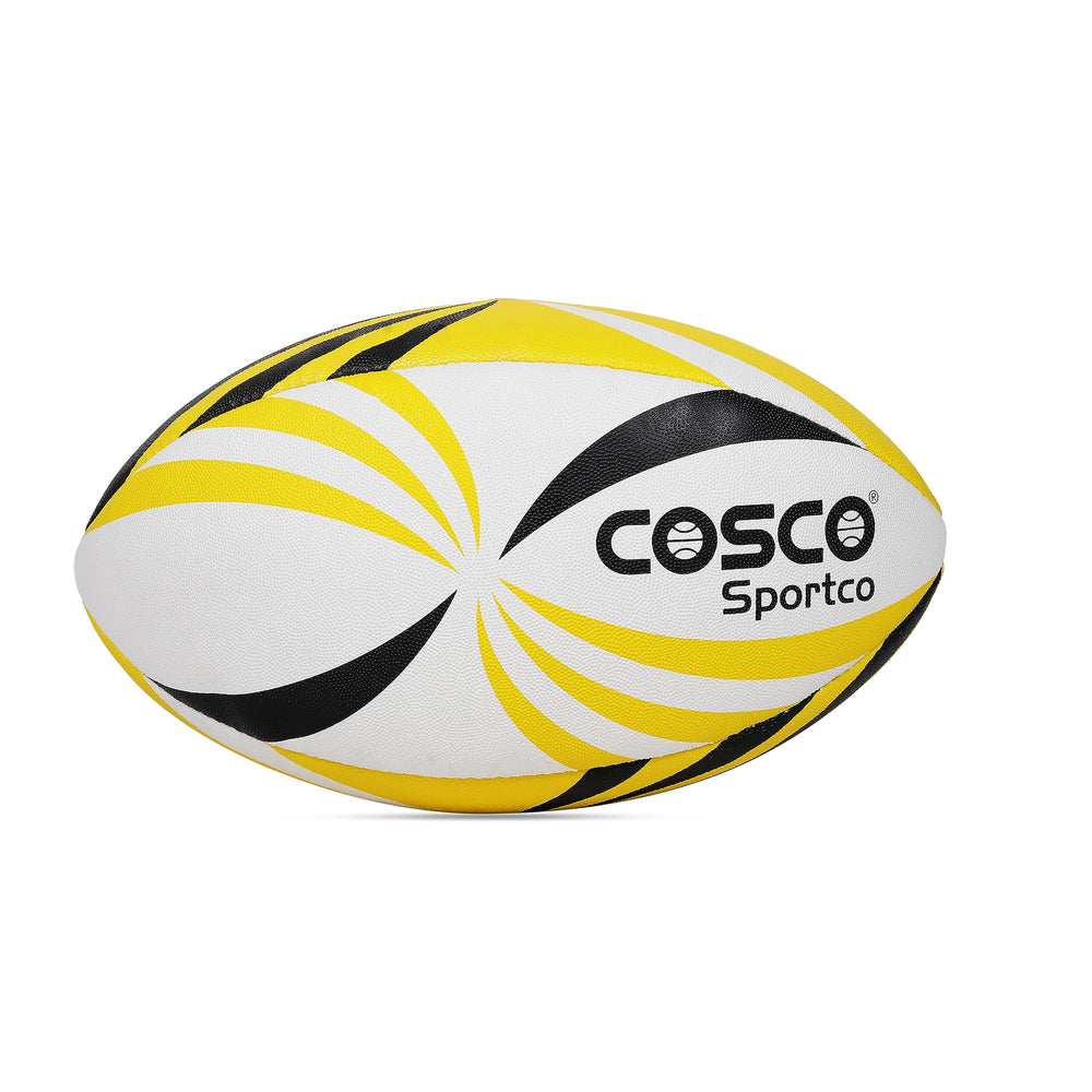 Cosco Synthetic Rugby Ball (Size 5, Yellow/White/Black) – Hand-Stitched Synthetic Rubber Rugby Ball with Latex Bladder