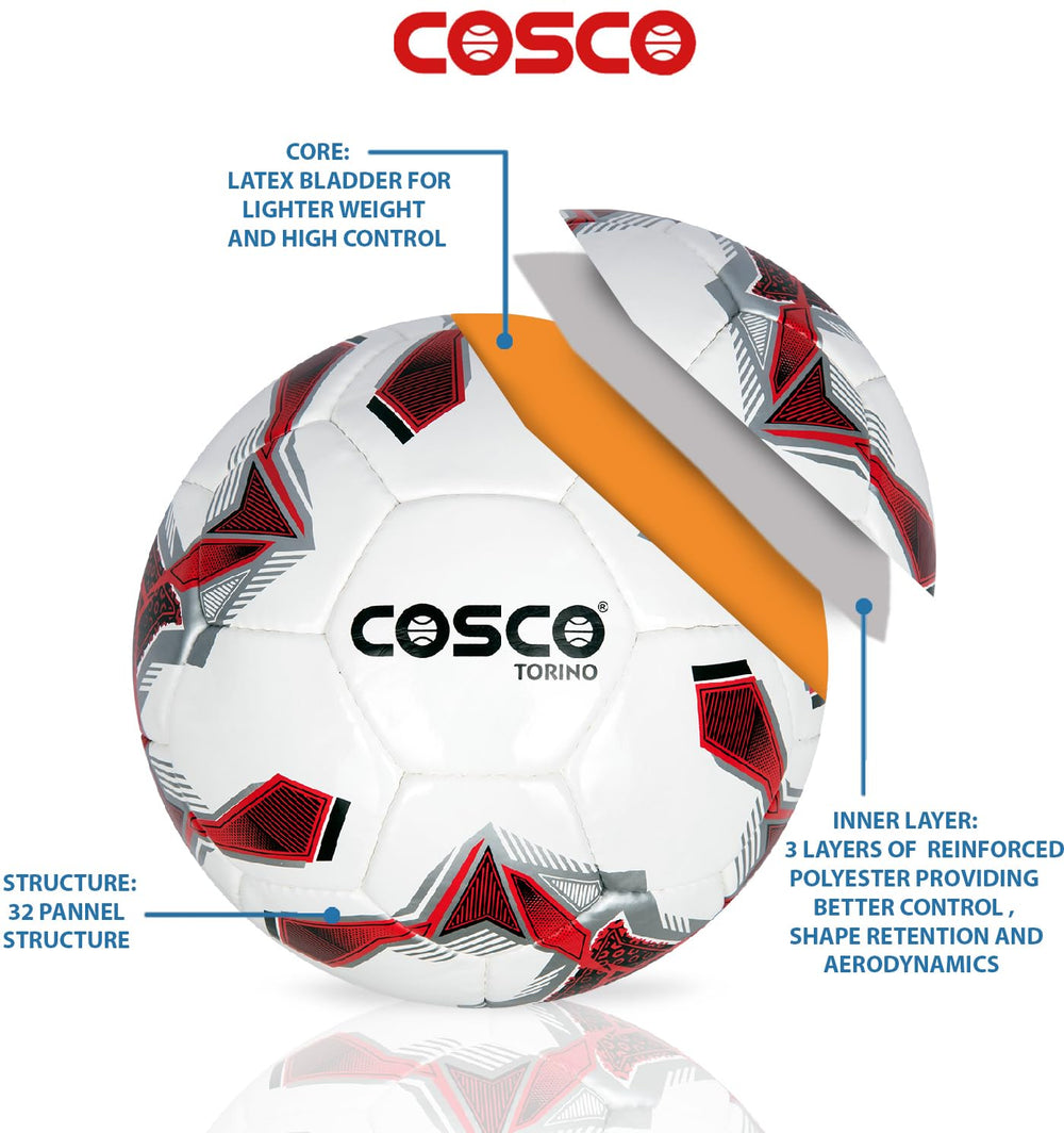 Cosco Torino Football (Size 5, Red/White/Black) – Hand-Stitched Polyurethane (PU) Training & Recreational Soccer Ball