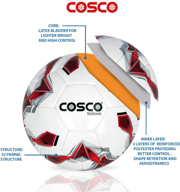 Cosco Torino Football (Size 5, Red/White/Black) – Hand-Stitched Polyurethane (PU) Training & Recreational Soccer Ball
