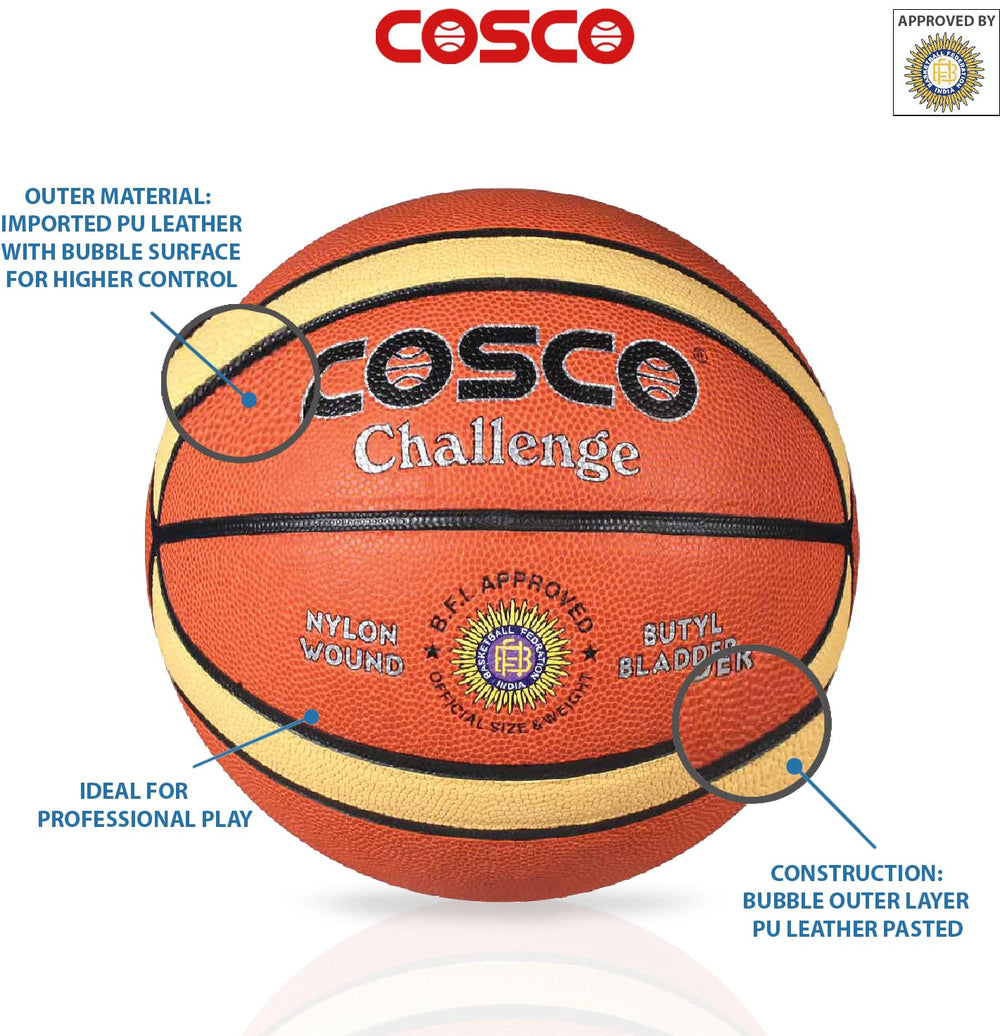 Cosco Leather Challenge Basketball (Size 7, Orange) – Composite Faux Leather Inflatable Basketball with Nylon Winding