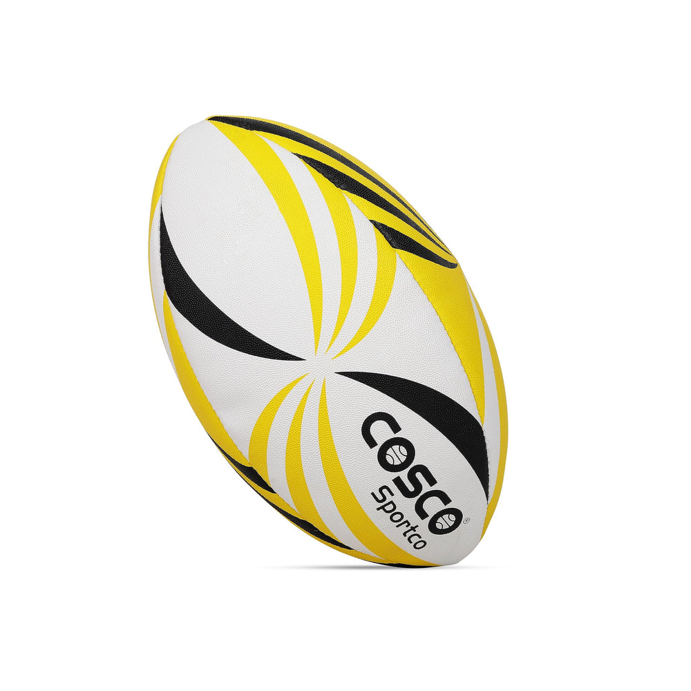 Cosco Synthetic Rugby Ball (Size 5, Yellow/White/Black) – Hand-Stitched Synthetic Rubber Rugby Ball with Latex Bladder