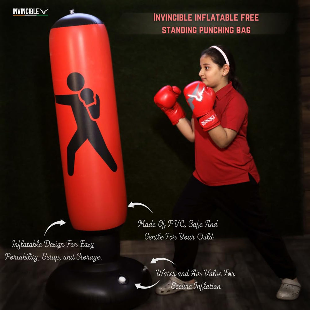 Invincible Inflatable Free Standing Punching Bag (Black & Red, 750g) – Kids Martial Arts & Boxing Training Bag with Base & Air Pump