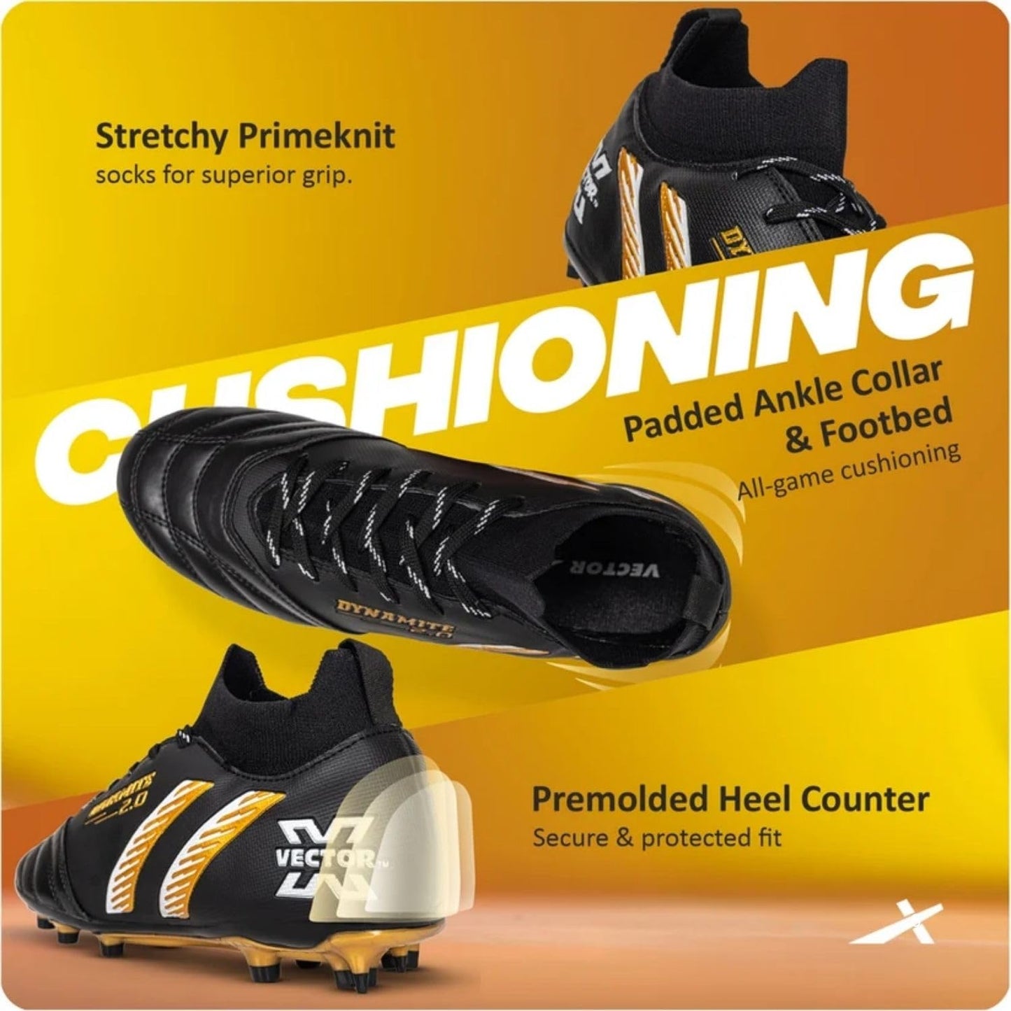 Vector X Dynamite 2.0 Kids Football Shoes (Black/Gold) | Lightweight Multi-Surface Soccer Footwear for Kids