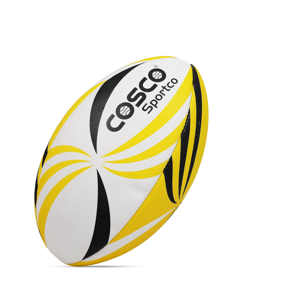 Cosco Synthetic Rugby Ball (Size 5, Yellow/White/Black) – Hand-Stitched Synthetic Rubber Rugby Ball with Latex Bladder