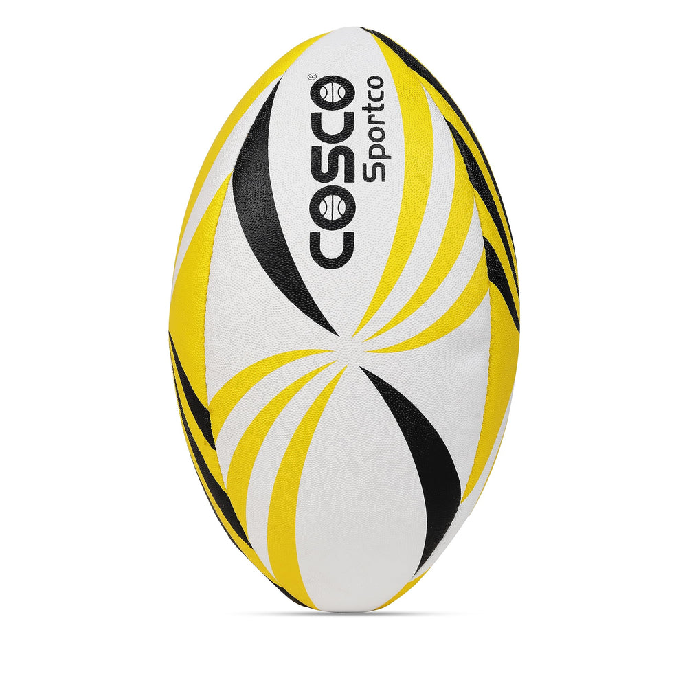 Cosco Synthetic Rugby Ball (Size 5, Yellow/White/Black) – Hand-Stitched Synthetic Rubber Rugby Ball with Latex Bladder