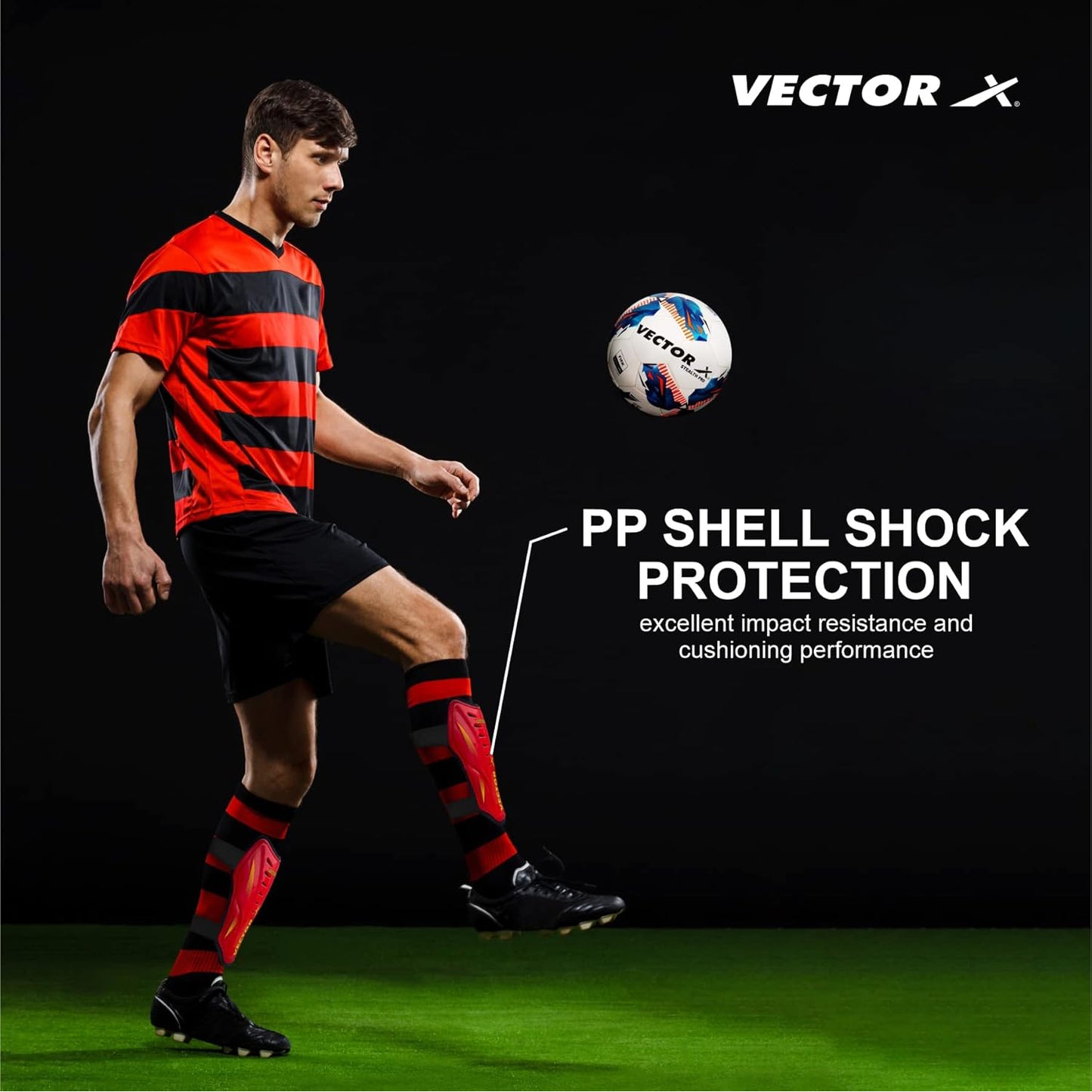 Vector X Manchester Shinguard with Stockings for Men & Women, Knee High Length, Strong Grip Fit, Impact Protection, Ideal for Football Training & Match - Best Price online Prokicksports.com