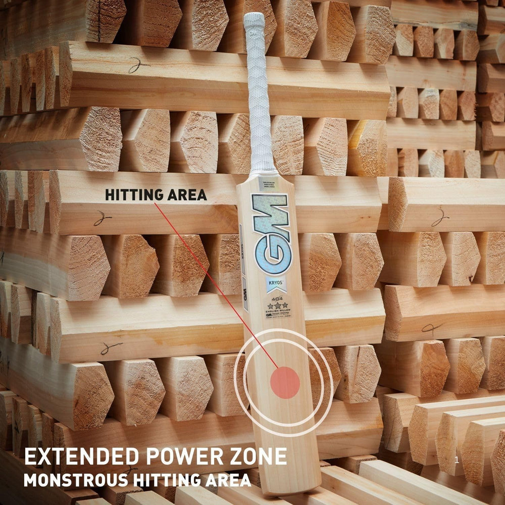 GM Kryos 404 English Willow Cricket Bat – SH Mens | Grade 3 Willow, L540 Blade, Full Profile with PowerArc Bow, F2 Face Profile | Mid Swell Position, Sweeping Toe, Hypa Grip - Best Price online Prokicksports.com
