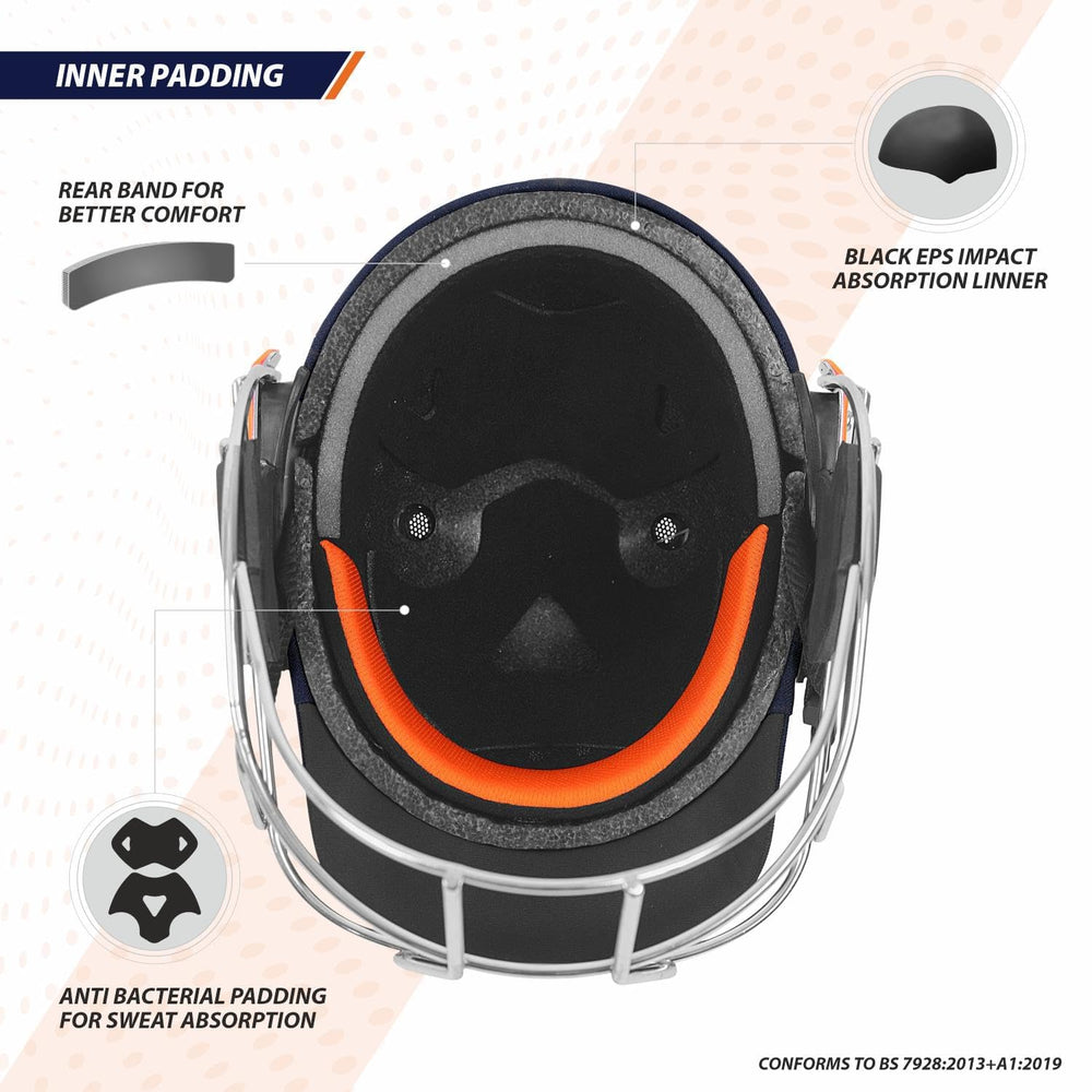 DSC Empra SS Professional Cricket Helmet (Navy) – BSI Approved Impact-Resistant Pro Helmet with Stainless Steel Face Grill &  Fidlock Quick Fasteners