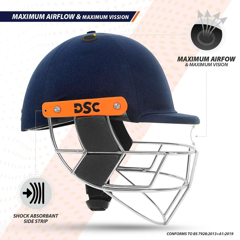 DSC Empra SS Professional Cricket Helmet (Navy) – BSI Approved Impact-Resistant Pro Helmet with Stainless Steel Face Grill &  Fidlock Quick Fasteners