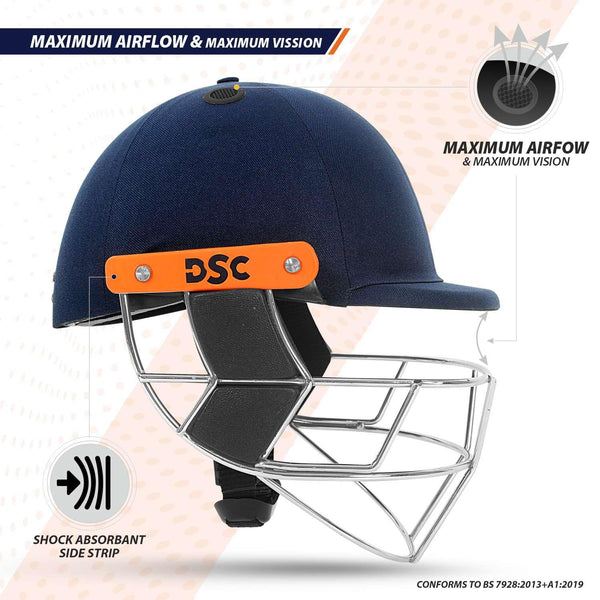 DSC Empra SS Professional Cricket Helmet (Navy) – BSI Approved Impact-Resistant Pro Helmet with Stainless Steel Face Grill &  Fidlock Quick Fasteners