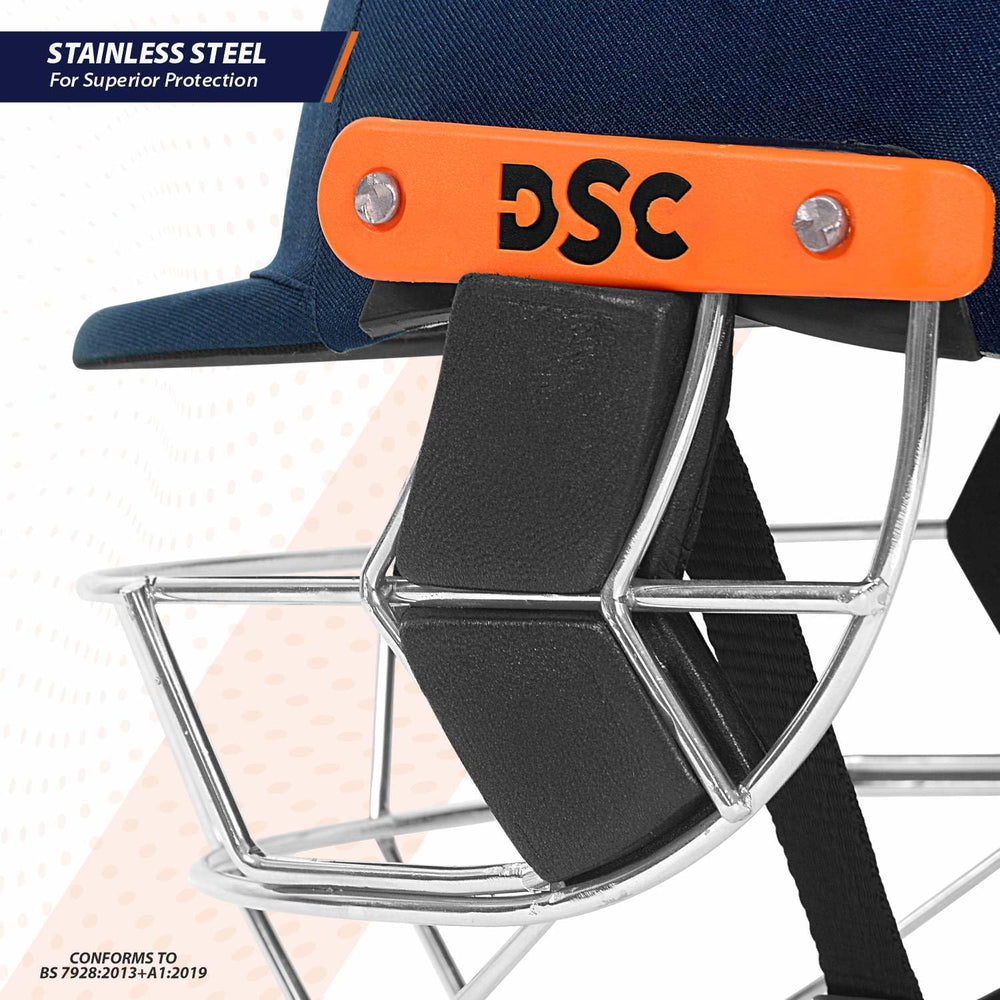 DSC Empra SS Professional Cricket Helmet (Navy) – BSI Approved Impact-Resistant Pro Helmet with Stainless Steel Face Grill &  Fidlock Quick Fasteners