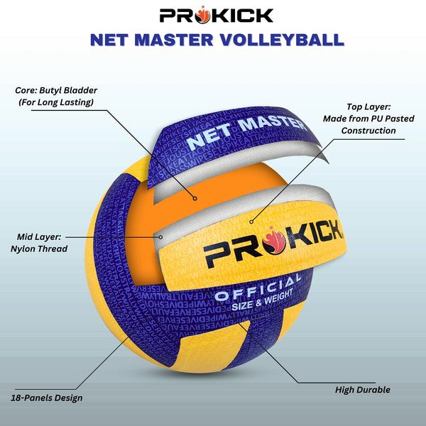 Prokick Net Master PU Pasted 18 Panels Volleyball, Blue/Yellow (Size 4)