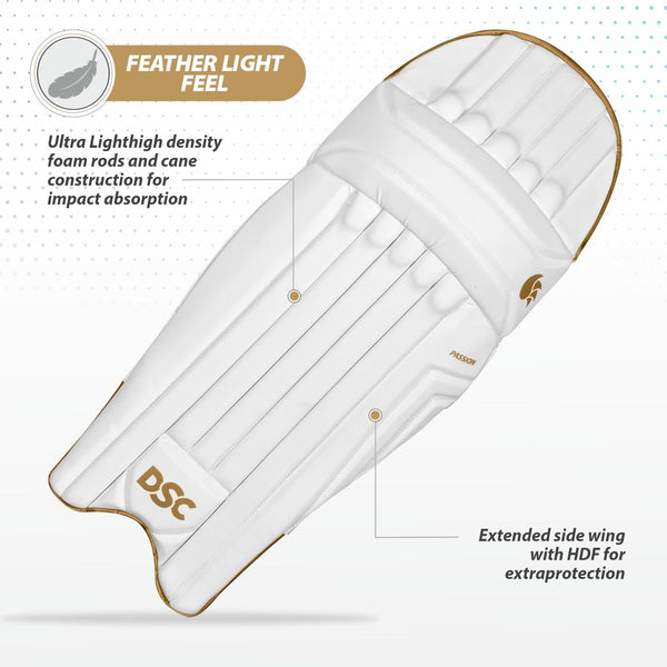 DSC Passion Batting Legguard RH – White/Gold | Men’s Cricket Pad | Lightweight, High-Impact Protection