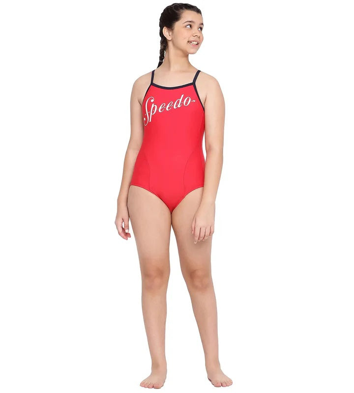 Speedo Girl's Endurance 10 Heritage Logo Thinstrap Muscleback One-Piece Swimsuit - V-Cut, Fed Red & True Navy - Best Price online Prokicksports.com
