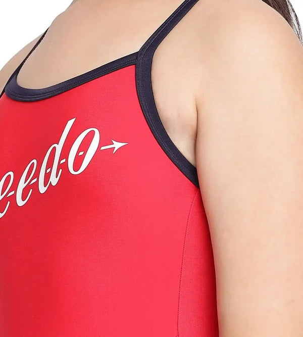 Speedo Girl's Endurance 10 Heritage Logo Thinstrap Muscleback One-Piece Swimsuit - V-Cut, Fed Red & True Navy