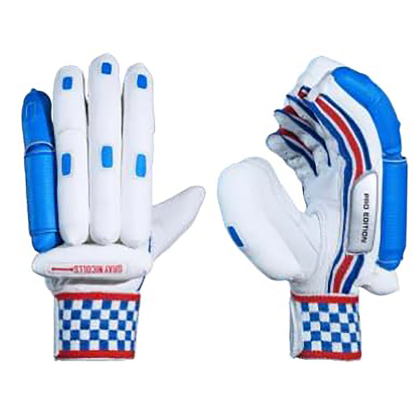 Gray Nicolls Pro Edition RH Batting Gloves White/Blue – Premium Cricket Gloves with High Protection, Grip Control & Breathable Mesh for Match Play