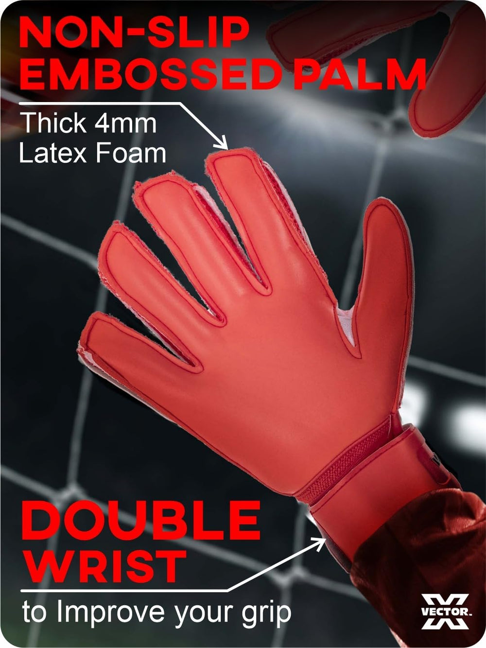 Vector X Quantum Goalkeeper Gloves | Professional Latex Soccer Goalie Gloves with Finger Protection | Size 10 | Red