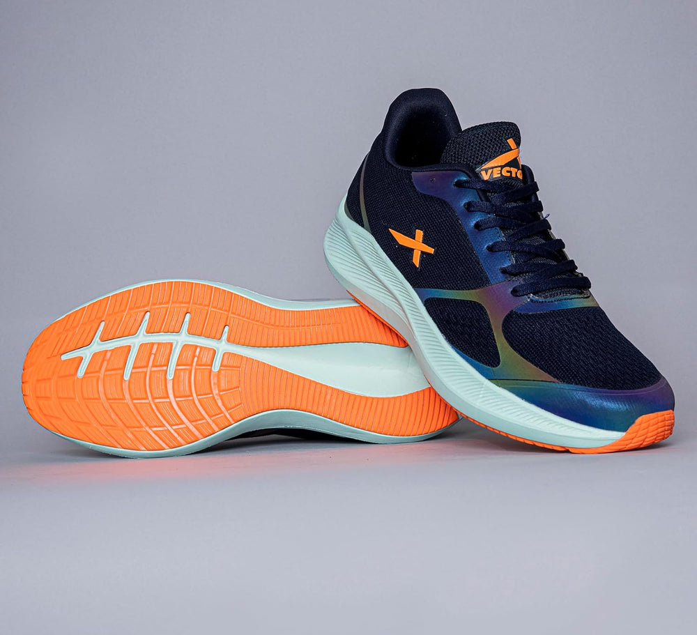 Vector X Reflector Jogging Shoes | Lightweight Sports Shoes for Men | Breathable Mesh Sneakers for Running, Walking, Gym & Training – Navy/Orange - Best Price online Prokicksports.com