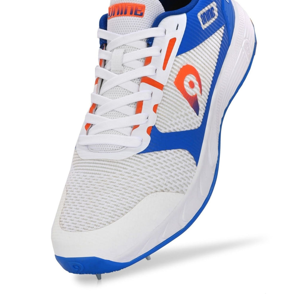 Dnine Hunter 2 Cricket Batting Shoe with Metal Spikes – White/Orange/Blue | Pro Performance PU Upper, Shock Absorbing EVA Midsole, High Traction TPU Spike Outsole | Lightweight, Durable, and Water Resistant - Best Price online Prokicksports.com