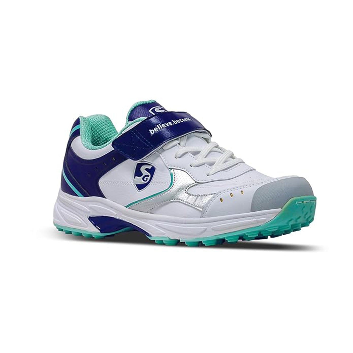 SG Armour Stud Cricket Shoes - White/Navy/Teal | Lightweight & Durable with Superior Grip |Designed to Elevate Your Game to New Heights Power, Precision, and Comfort | - Best Price online Prokicksports.com