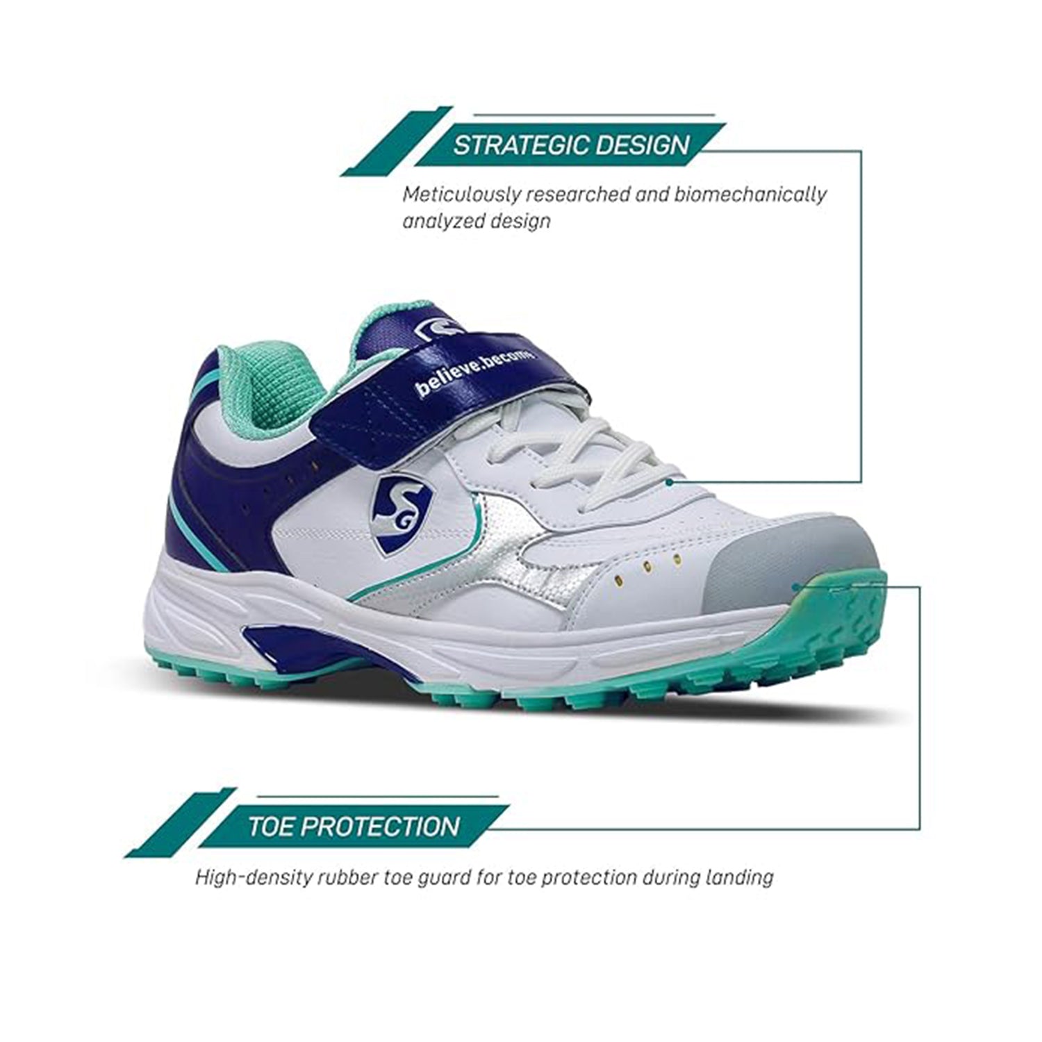 SG Armour Stud Cricket Shoes - White/Navy/Teal | Lightweight & Durable with Superior Grip |Designed to Elevate Your Game to New Heights Power, Precision, and Comfort | - Best Price online Prokicksports.com