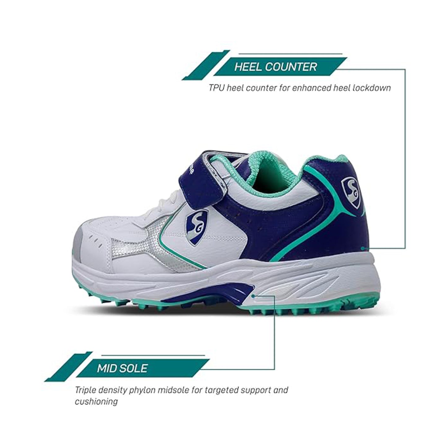 SG Armour Stud Cricket Shoes - White/Navy/Teal | Lightweight & Durable with Superior Grip |Designed to Elevate Your Game to New Heights Power, Precision, and Comfort | - Best Price online Prokicksports.com