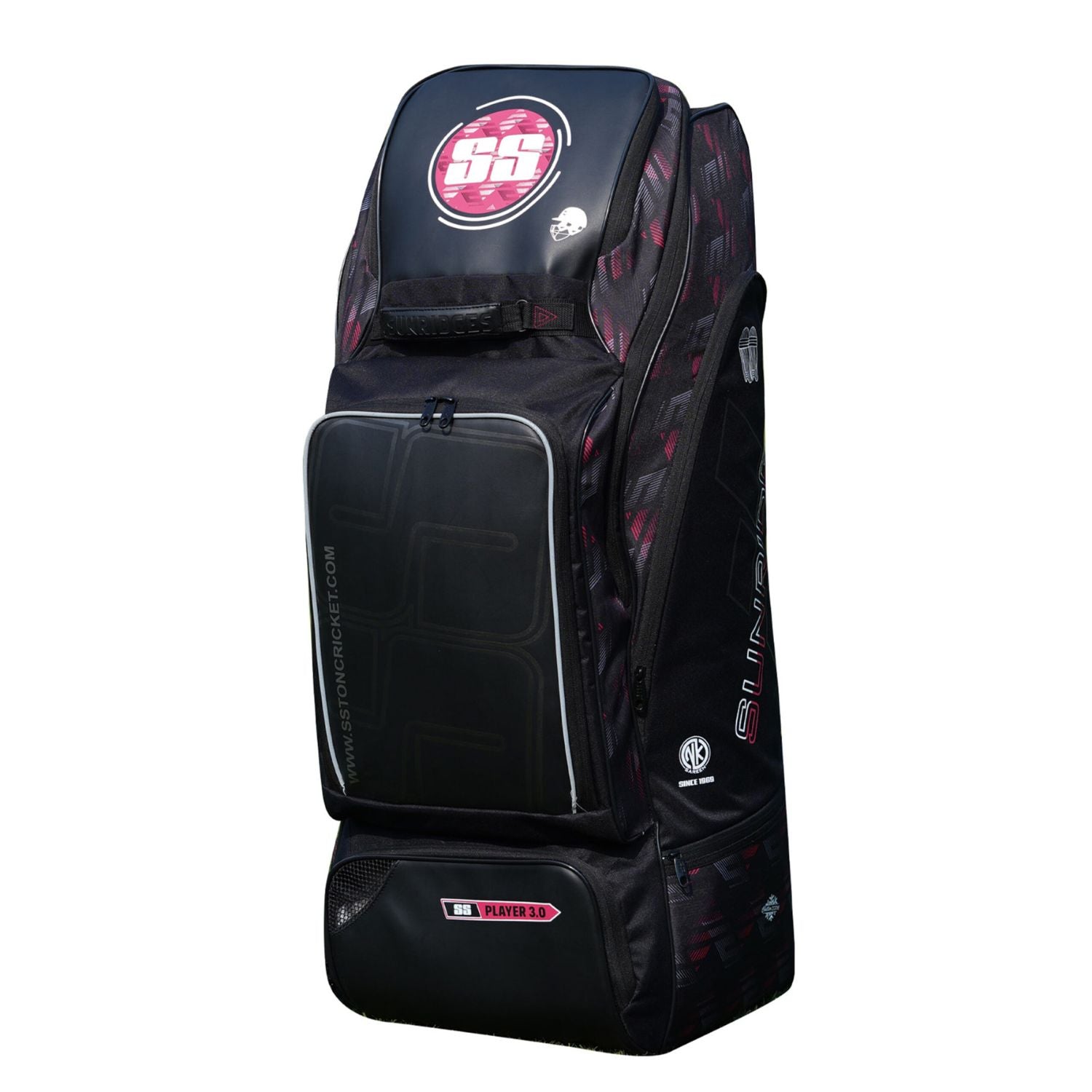 SS Player 3.0 Cricket Kit Bag (Black/Pink) | 600D Polyester | Multi-Compartment Design | Padded Shoulder Strap | Ventilated Shoe Pocket - Best Price online Prokicksports.com