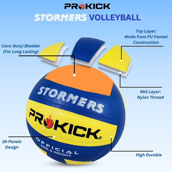 Prokick Stormers PU Pasted 18 Panels Volleyball, Blue/Yellow (Size 4)