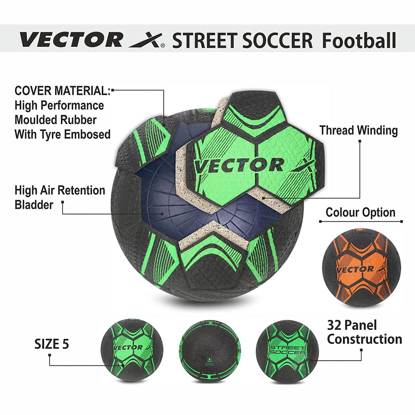 Vector X Street Soccer Football | Size 5 | Rubber Moulded Design, Durable Grip, All-Surface Play for Street, Hard Ground & Outdoor Training - Best Price online Prokicksports.com